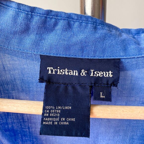 🍂 Tristan & Iseult 100% Linen Blue 3/4 Sleeve Boxy Button-Down Shirt - Picture 3 of 4